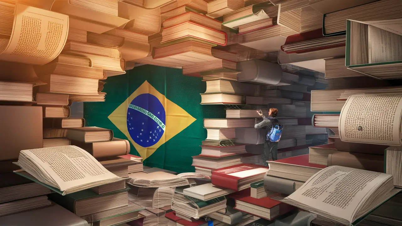 Pessoa navegando em um labirinto de livros e documentos altos com bandeira do Brasil nas paredes.